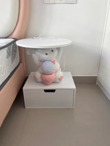 Modern Art Deco Kids Rabbit End Table with 1 Drawer and LED Light — Round Top, Resin-Wood Enamel Finish, Bedroom Nightstand