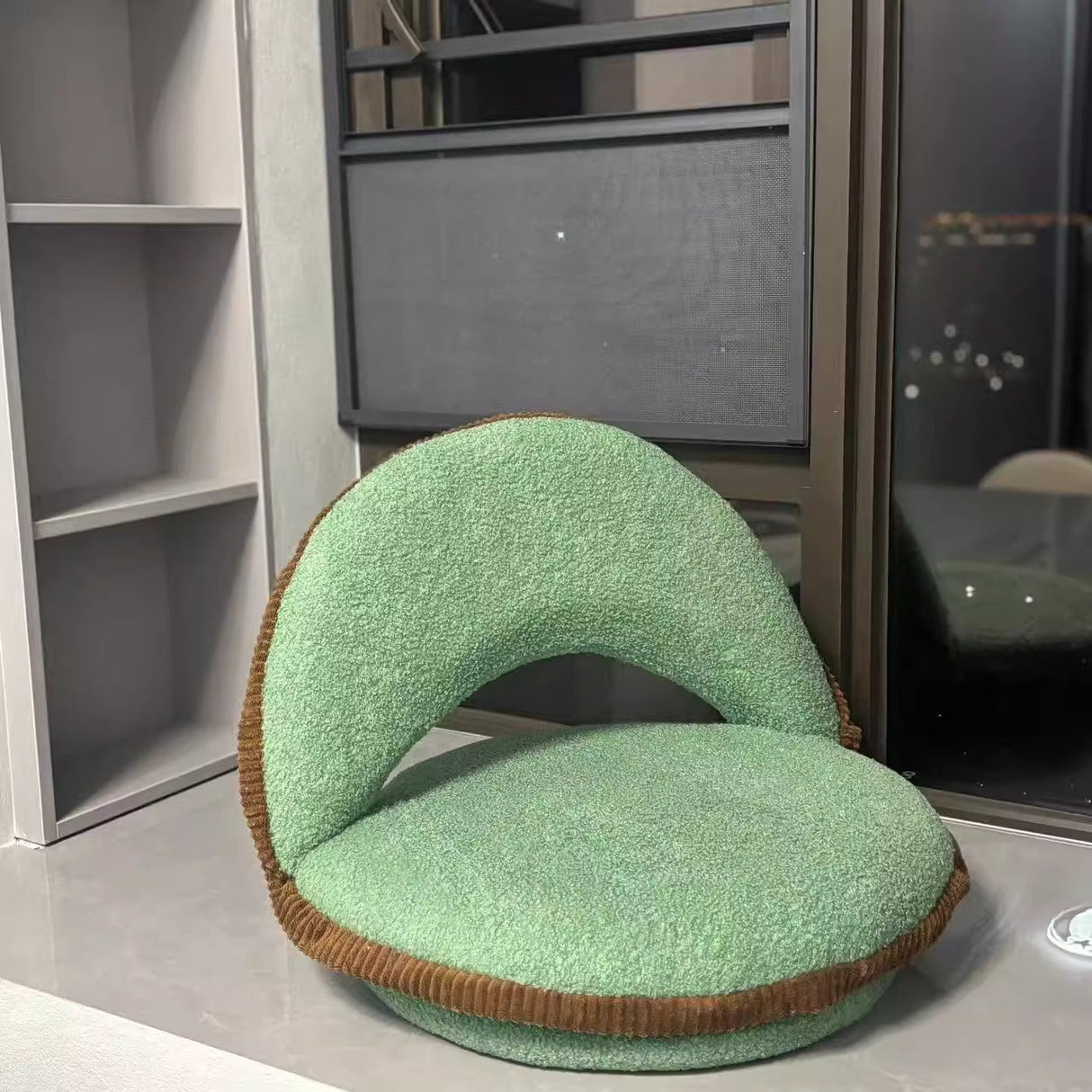 Traditional Japanese Rotatable Semi-Circular Plush Teddy Velvet Armless Chair with Foldable Multi-Layer Board and Tatami Backrest – Ideal Living Room Seating