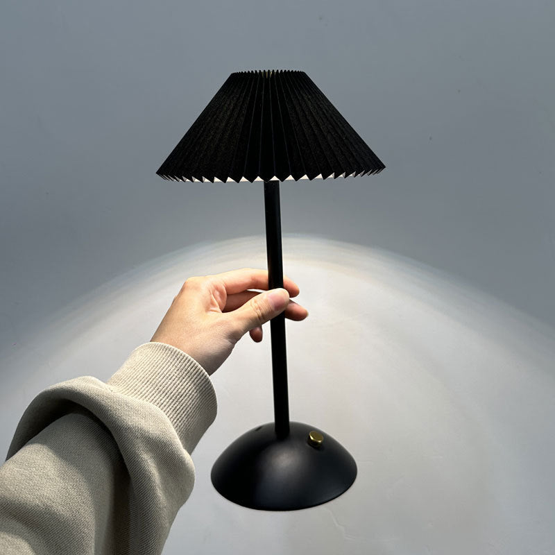 Modern Scandinavian Rechargeable Table Lamp – Iron Frame, Pleated Conical Fabric Shade, 1-Light, Perfect for Bedside