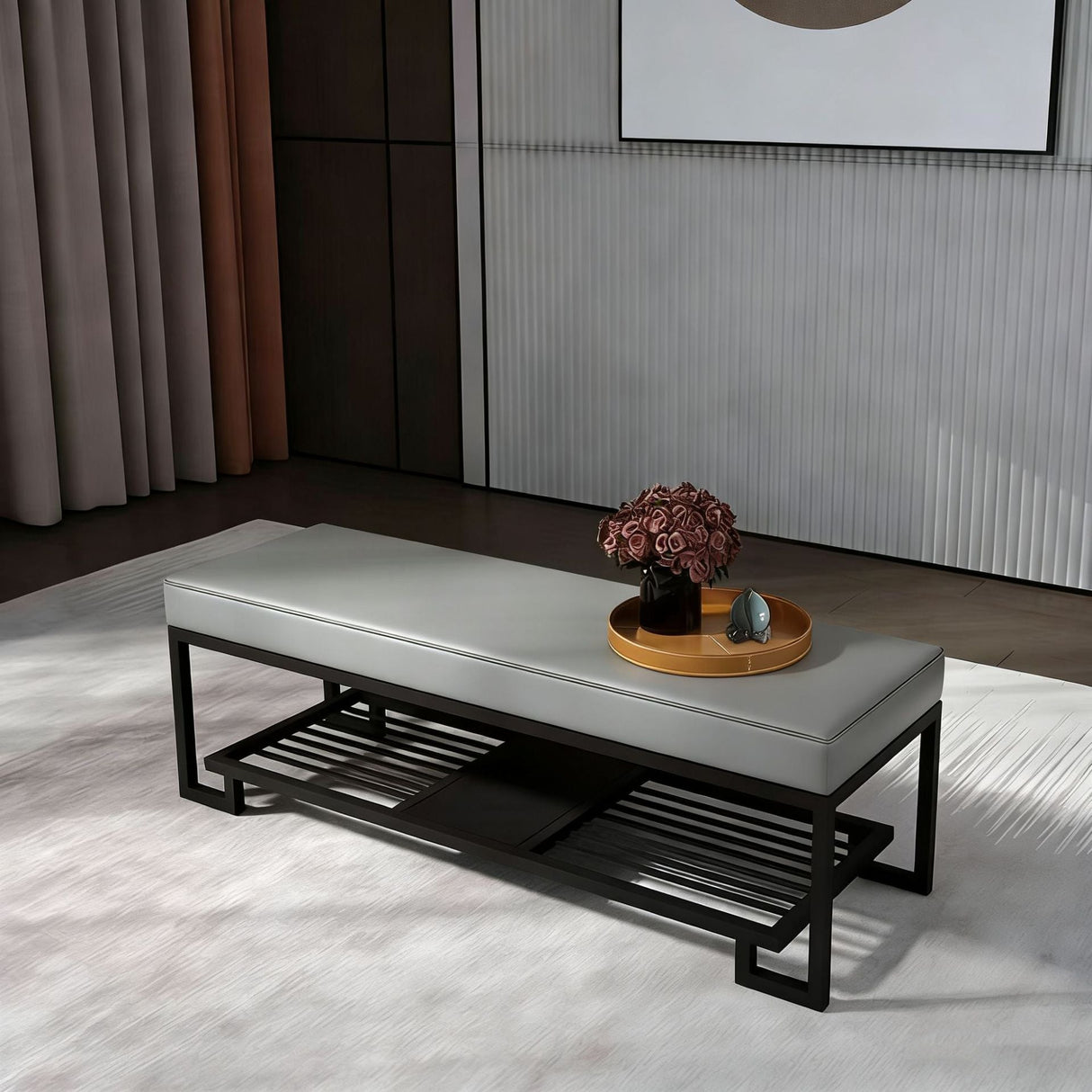 Sleek Modern Minimalist Rectangular Wrought Iron Shoe Bench with PU Leather & Tech Fabric, 2-Tier for Entryway
