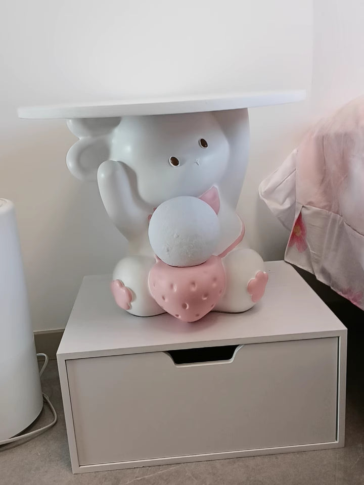 Modern Art Deco Kids Rabbit End Table with 1 Drawer and LED Light — Round Top, Resin-Wood Enamel Finish, Bedroom Nightstand