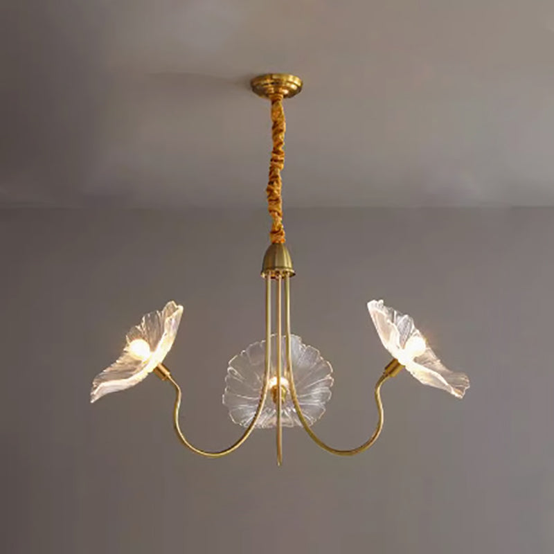 Elegant Modern Art Deco Gold-Finish Frame with Lotus Leaf Glass Shade, 3/6-Light Living Room Chandelier