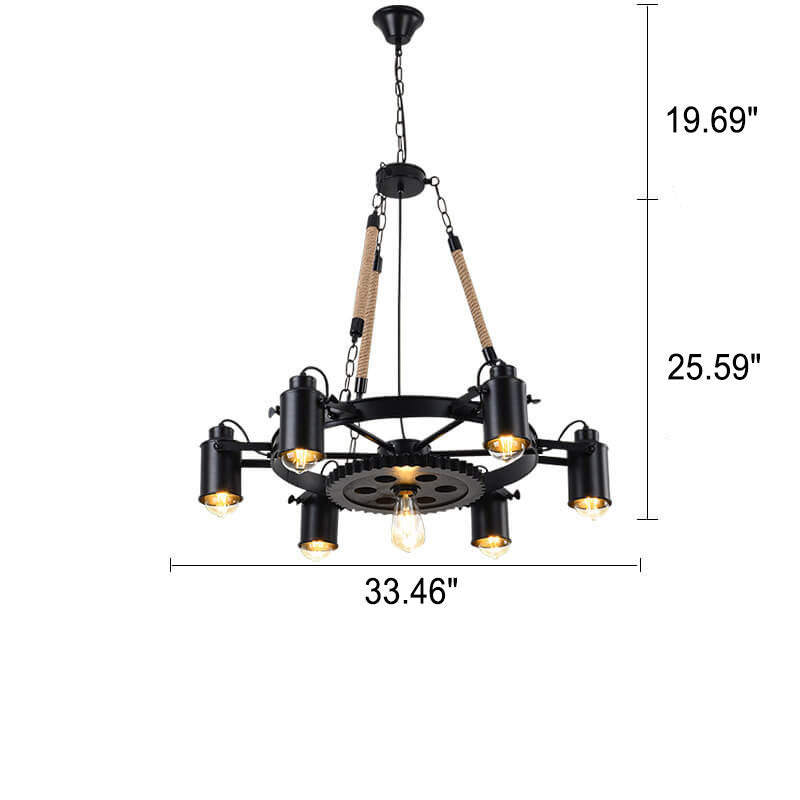 Industrial Retro Gear Wrought Iron Hemp Rope Chandelier - 6/8/10-Light