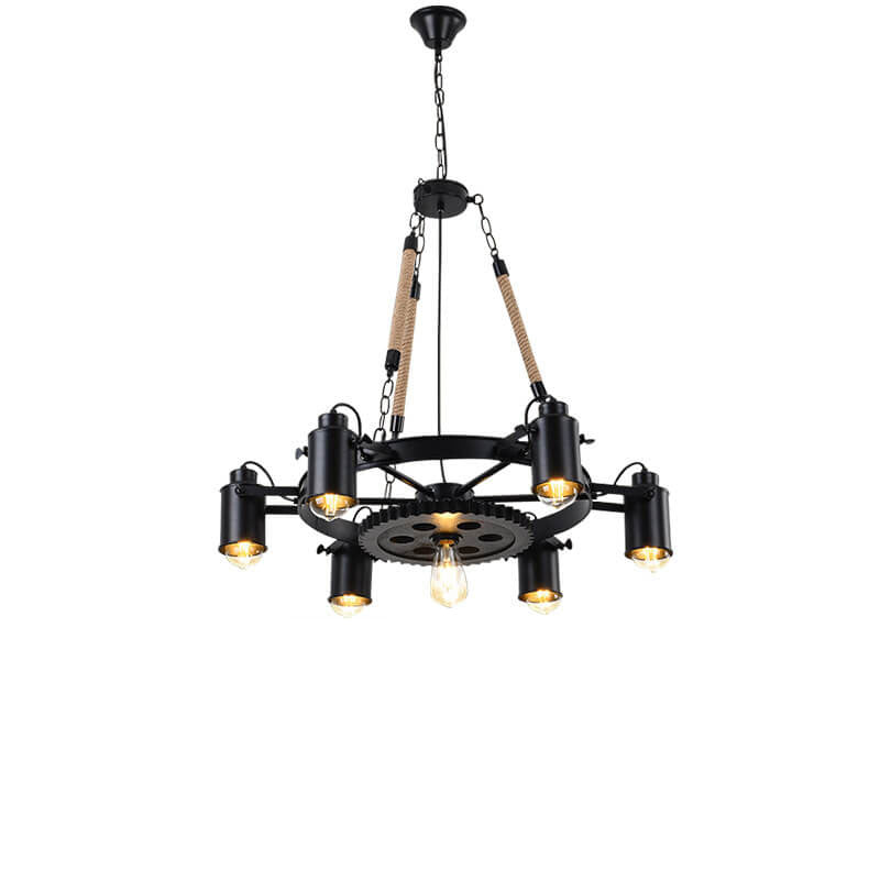 Industrial Retro Gear Wrought Iron Hemp Rope Chandelier - 6/8/10-Light