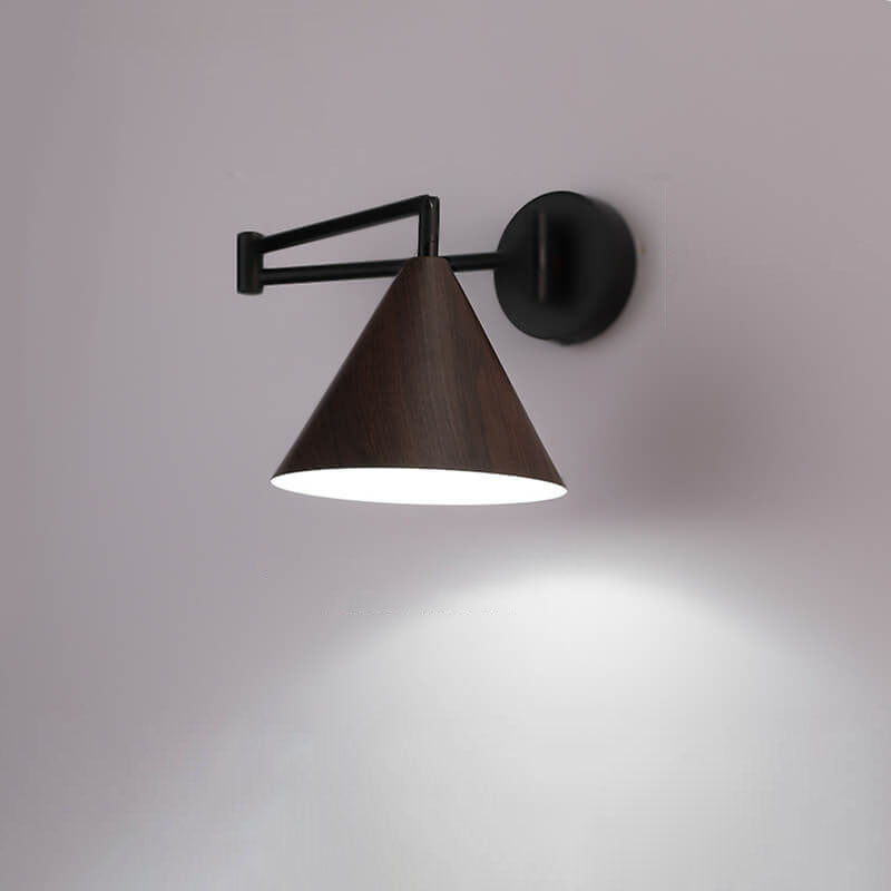 Nordic Minimalist Cone Swing Arm Wall Sconce Lamp - Wood Grain Iron Finish, 1-Light