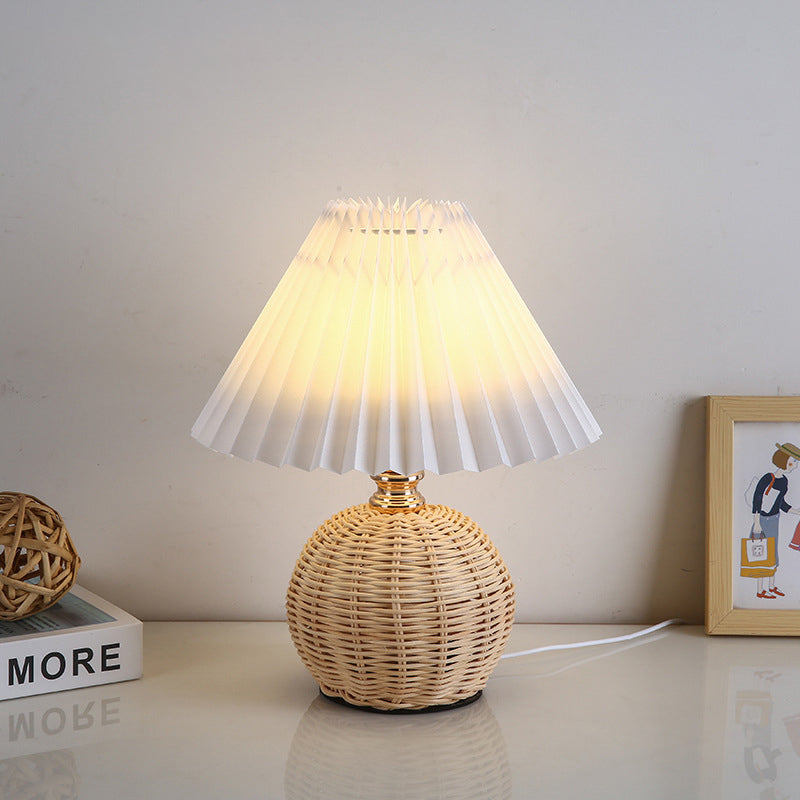 Chic Nordic Rattan Fabric Pleated Conic Ball LED Table Lamp for Bedroom - Modern Ambient Lighting