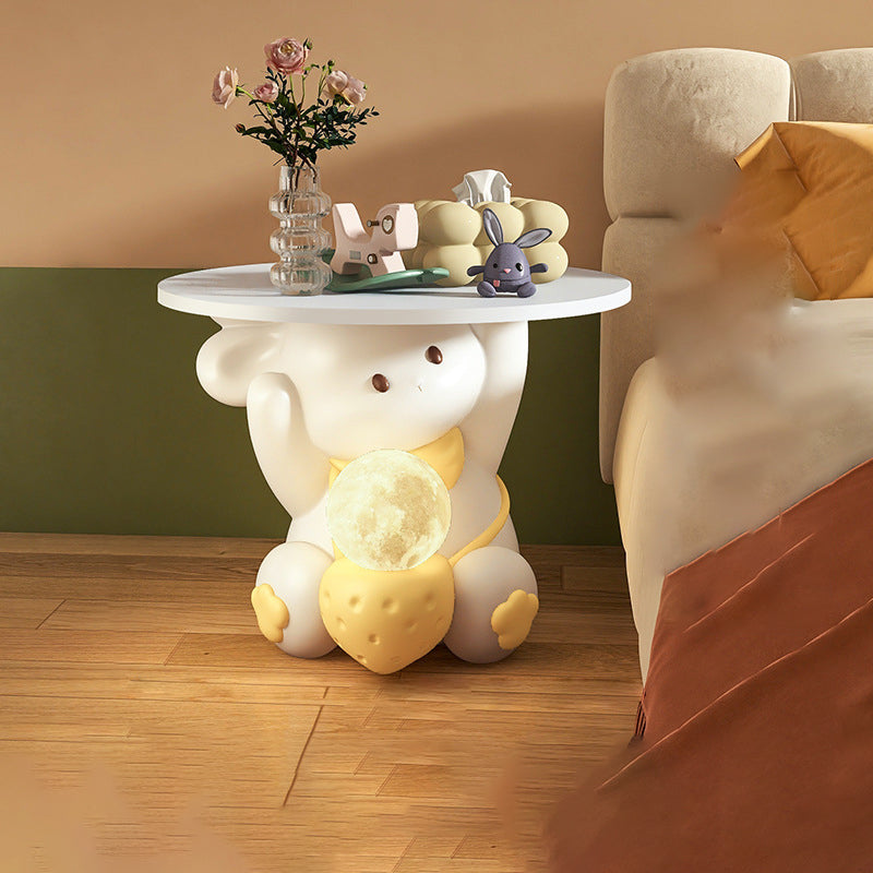 Modern Art Deco Kids Rabbit End Table with 1 Drawer and LED Light — Round Top, Resin-Wood Enamel Finish, Bedroom Nightstand