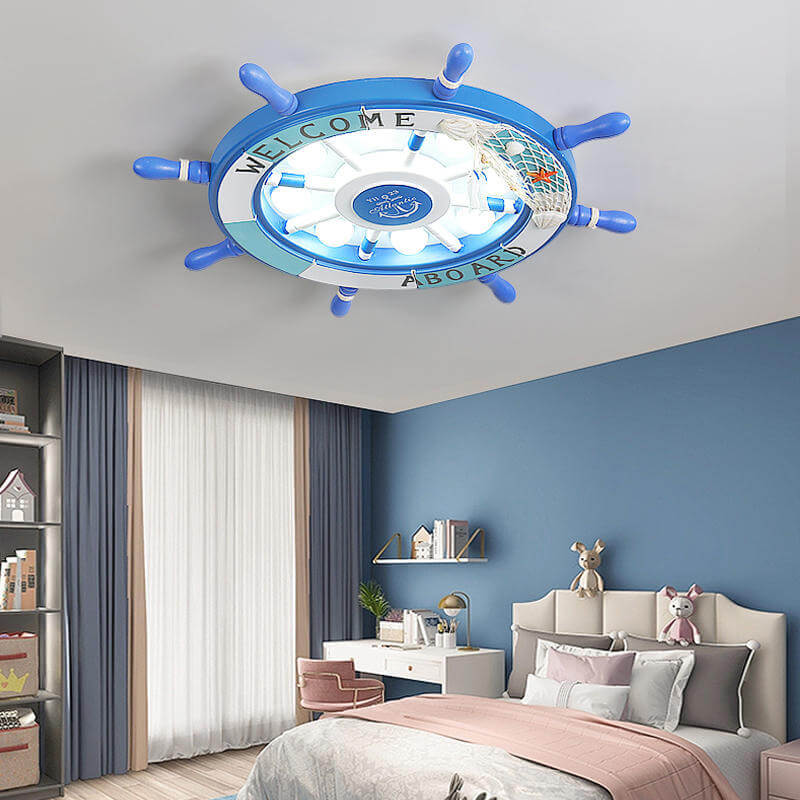 Whimsical Cartoon Sailboat LED Flush-Mount Ceiling Light with Helmsman Figure - Plastic Construction