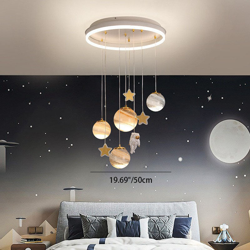 Modern Scandinavian Space Planet LED Kids Flush Mount Ceiling Light with Round Acrylic Glass Shade – Ideal for Bedroom