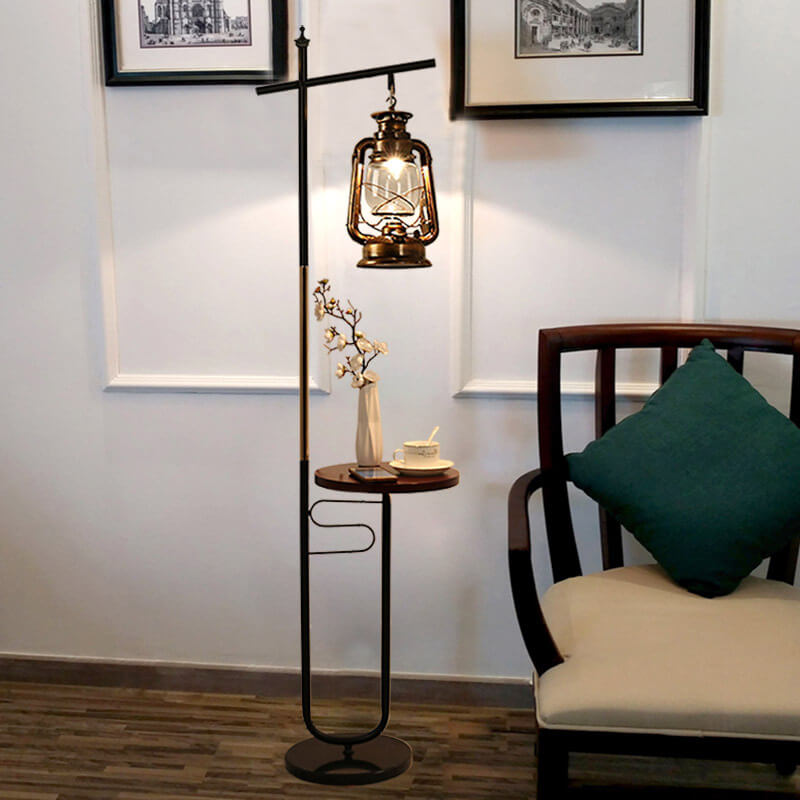 European Vintage Simple Lantern Floor Lamp with Marble Tabletop - Iron & Wood, 1-Light