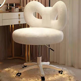 Modern Art Deco Butterfly Knot Vanity Stool – Round Lambswool and Faux Leather Seat, Metal Frame, Backrest, Armless, for Bedroom