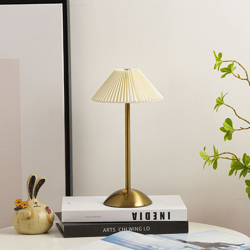 Modern Scandinavian Rechargeable Table Lamp – Iron Frame, Pleated Conical Fabric Shade, 1-Light, Perfect for Bedside
