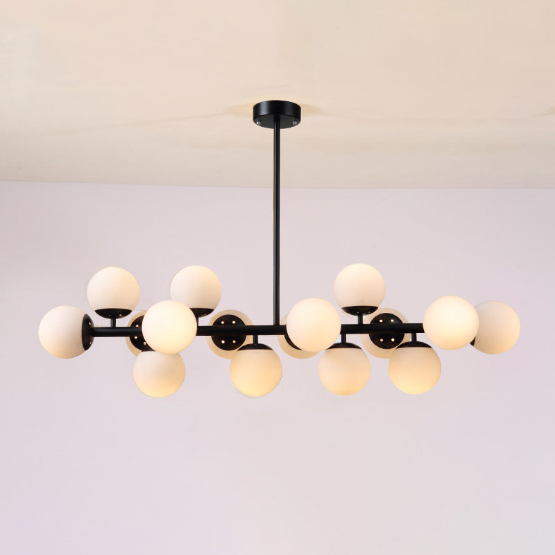 Contemporary Scandinavian Long Round Globe Iron & Glass 16-Light Island Pendant Chandelier for Dining Room