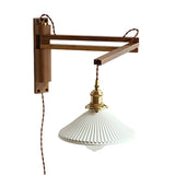 Nordic Milk-White Striped Glass and Walnut 1-Light Wall Sconce with Retractable Arm