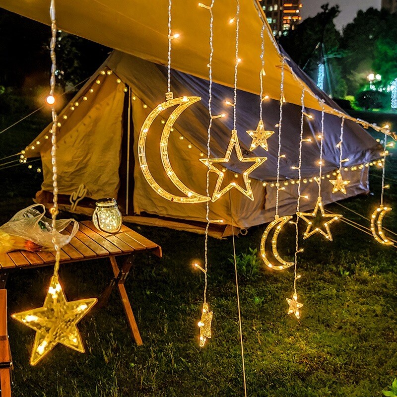 Solar-Powered LED Curtain Lights – Star & Moon Design, Outdoor Christmas String Lights for Patio, Garden and Camping