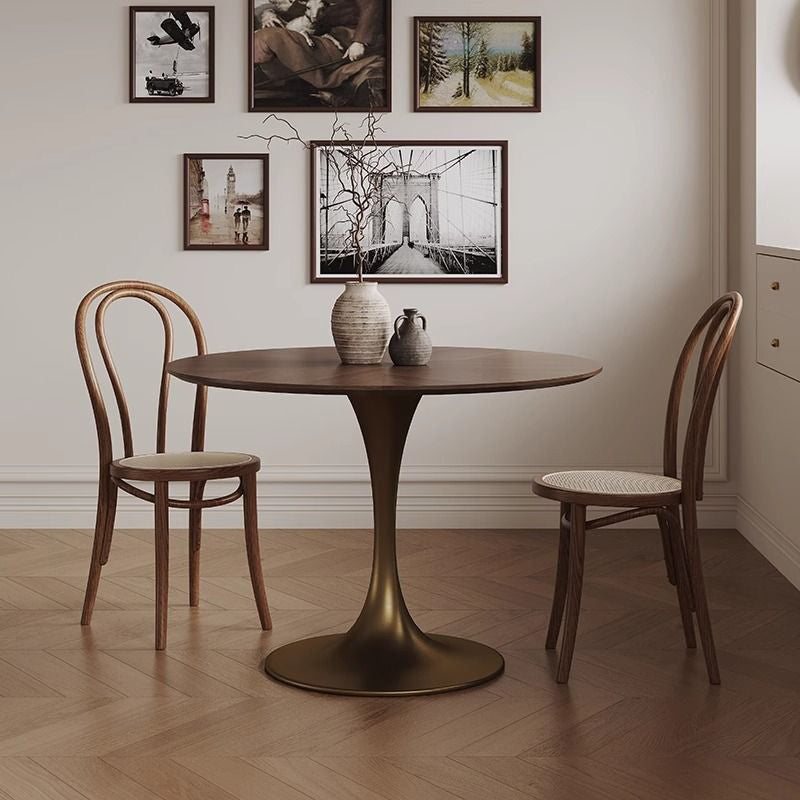 Chic Contemporary Retro Round Walnut & Copper Rattan Dining Table with 2 Chairs
