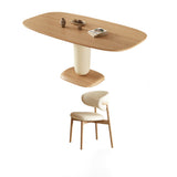 Traditional Japanese Elliptical Ash Wood Dining Table & Faux Leather Chair Set - Oak Finish, Seats 4-6