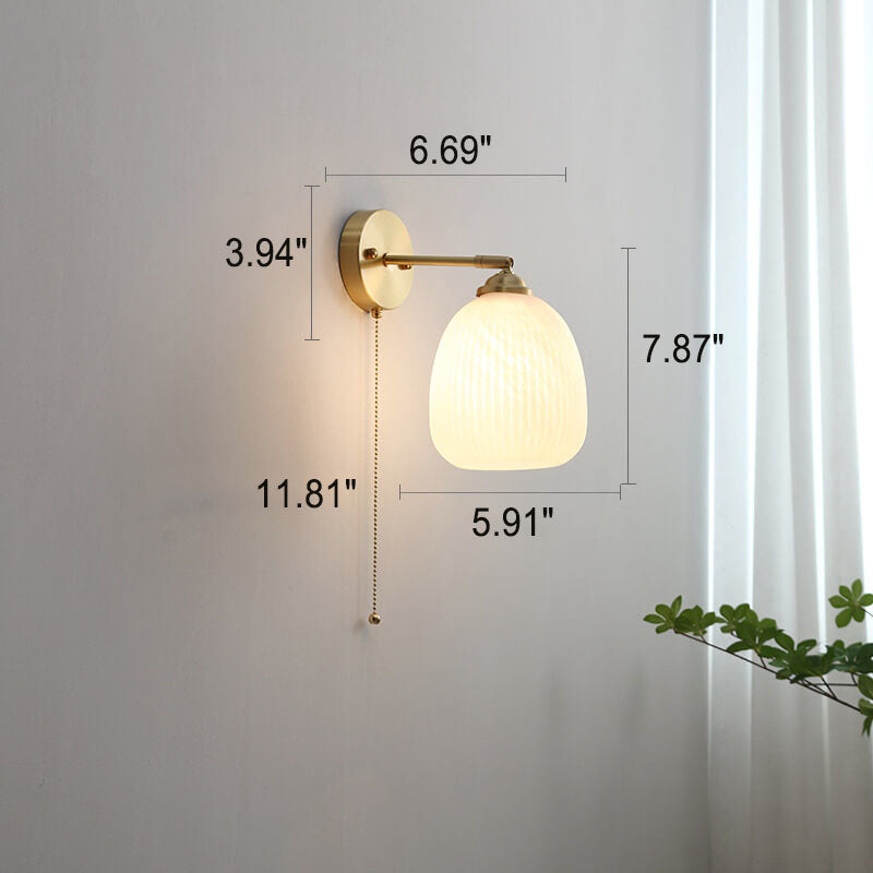 Nordic-Style Milk-White Striped Glass Wall Sconce with Brass Finish - 1-Light Pull-Cord Lamp