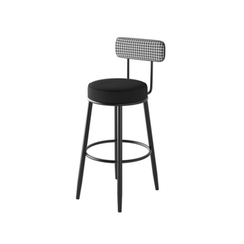 Sleek Contemporary Nordic Round Bar Stool Upholstered in Cotton-Linen Fabric with Backrest and Footrest for Dining Room