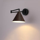 Nordic Minimalist Cone Swing Arm Wall Sconce Lamp - Wood Grain Iron Finish, 1-Light