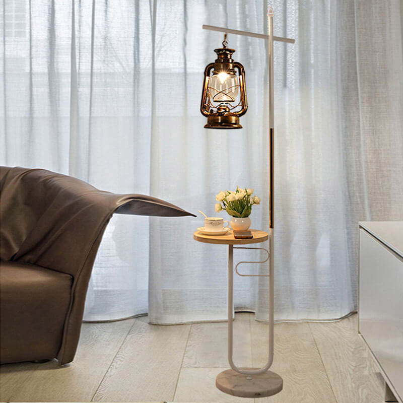 European Vintage Simple Lantern Floor Lamp with Marble Tabletop - Iron & Wood, 1-Light