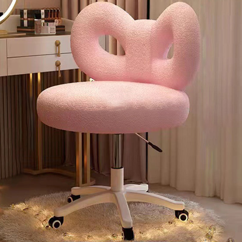 Modern Art Deco Butterfly Knot Vanity Stool – Round Lambswool and Faux Leather Seat, Metal Frame, Backrest, Armless, for Bedroom