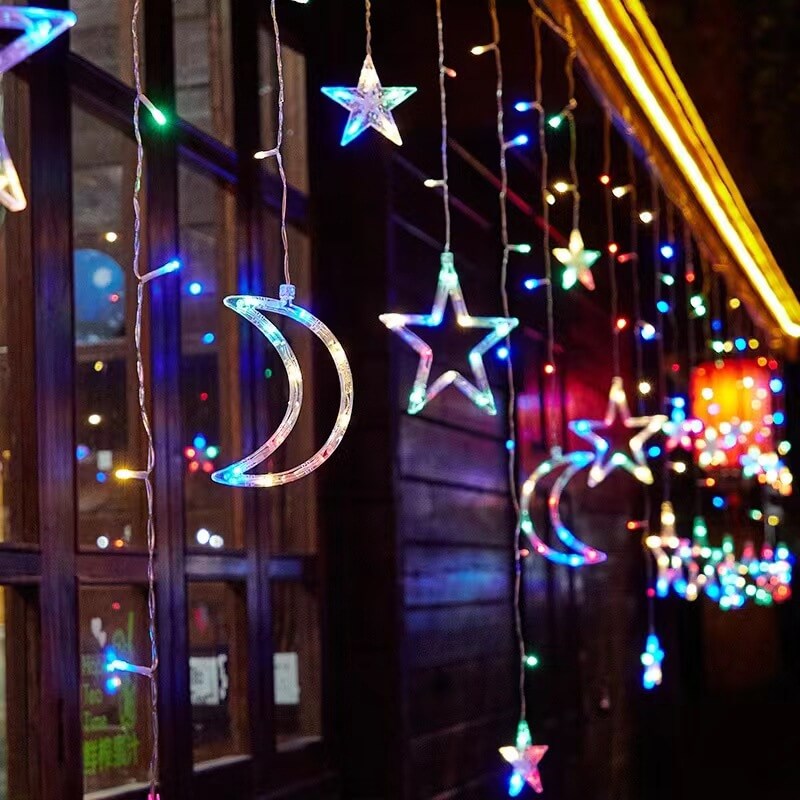 Solar-Powered LED Curtain Lights – Star & Moon Design, Outdoor Christmas String Lights for Patio, Garden and Camping