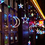 Solar-Powered LED Curtain Lights – Star & Moon Design, Outdoor Christmas String Lights for Patio, Garden and Camping