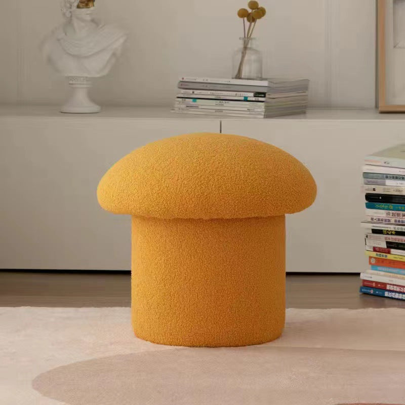 Modern Minimalist Mushroom-Cylinder Vanity Stool with Lambswool Upholstery and Wood Base for Bedroom