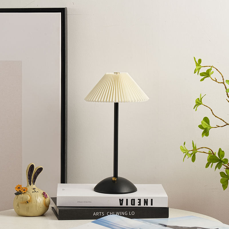 Modern Scandinavian Rechargeable Table Lamp – Iron Frame, Pleated Conical Fabric Shade, 1-Light, Perfect for Bedside