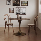 Chic Contemporary Retro Round Walnut & Copper Rattan Dining Table with 2 Chairs