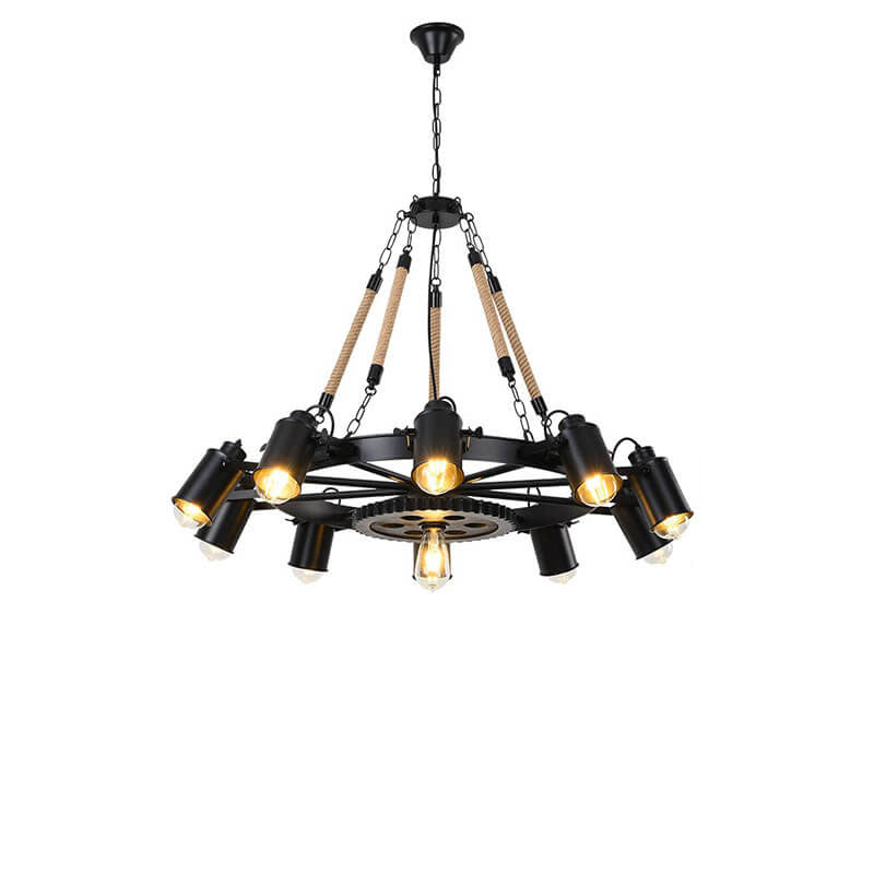 Industrial Retro Gear Wrought Iron Hemp Rope Chandelier - 6/8/10-Light