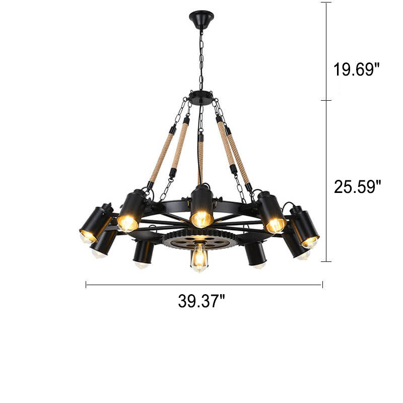 Industrial Retro Gear Wrought Iron Hemp Rope Chandelier - 6/8/10-Light