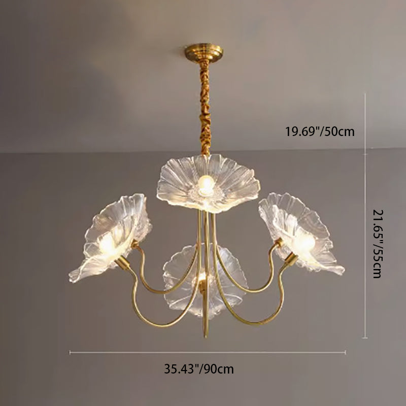 Elegant Modern Art Deco Gold-Finish Frame with Lotus Leaf Glass Shade, 3/6-Light Living Room Chandelier