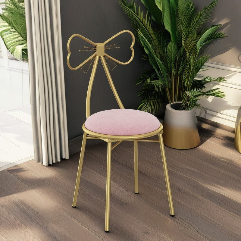 Contemporary Bow-Shape Velvet Upholstered Round Vanity Stool with Backrest - PU Leather & Metal Frame for Bedroom