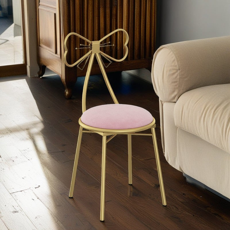 Contemporary Bow-Shape Velvet Upholstered Round Vanity Stool with Backrest - PU Leather & Metal Frame for Bedroom
