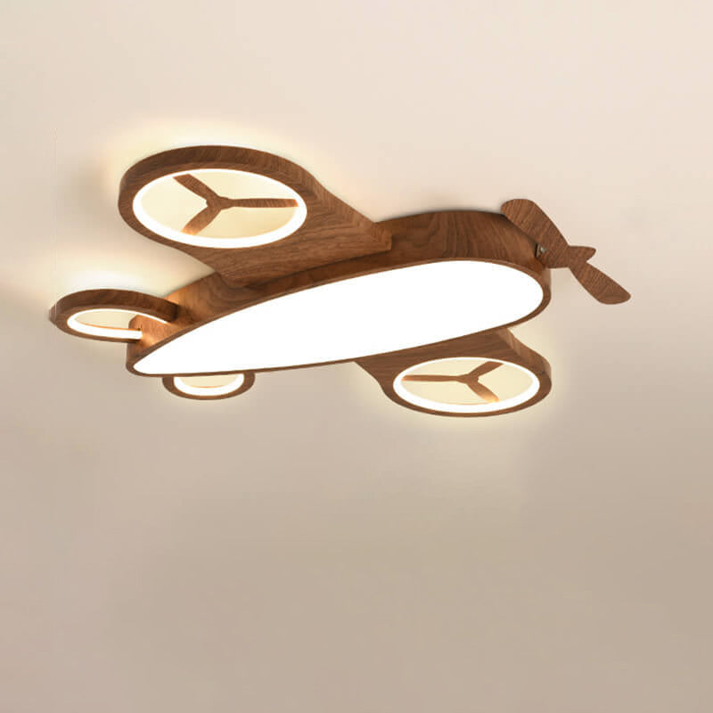 Whimsical Cartoon Aircraft LED Kids' Ceiling Light with Wood Grain Finish — Flush Mount