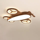 Whimsical Cartoon Aircraft LED Kids' Ceiling Light with Wood Grain Finish — Flush Mount