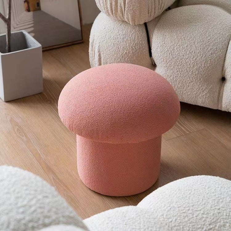 Modern Minimalist Mushroom-Cylinder Vanity Stool with Lambswool Upholstery and Wood Base for Bedroom