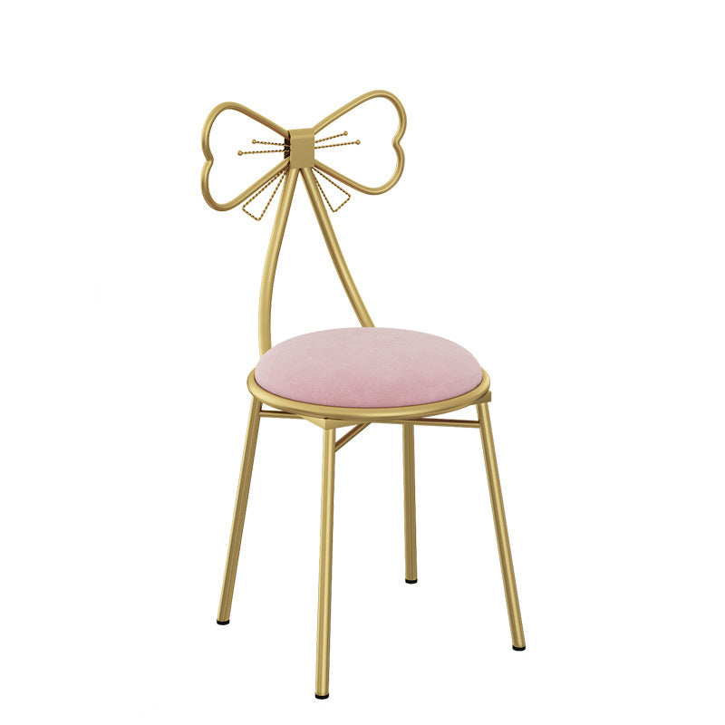 Contemporary Bow-Shape Velvet Upholstered Round Vanity Stool with Backrest - PU Leather & Metal Frame for Bedroom