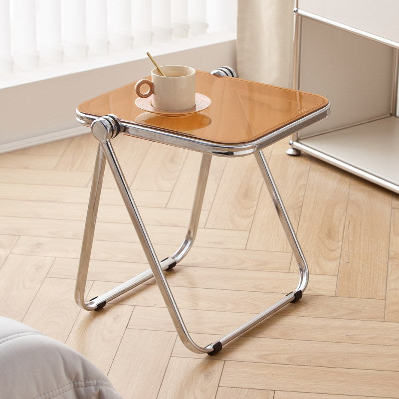 Sleek Contemporary Square End Table with Acrylic Metal Frame – Foldable for Living Room