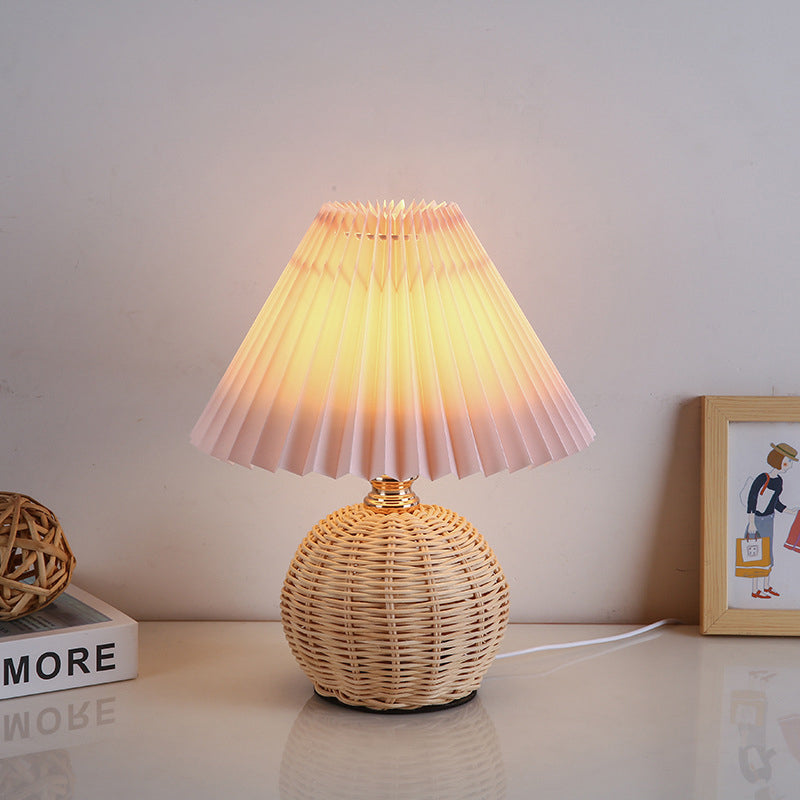 Chic Nordic Rattan Fabric Pleated Conic Ball LED Table Lamp for Bedroom - Modern Ambient Lighting