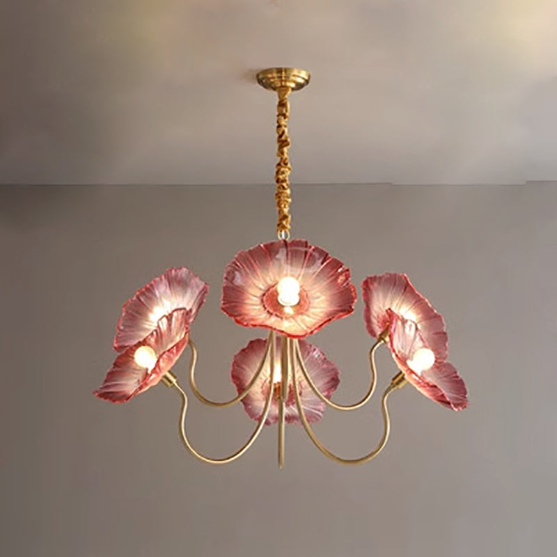 Elegant Modern Art Deco Gold-Finish Frame with Lotus Leaf Glass Shade, 3/6-Light Living Room Chandelier