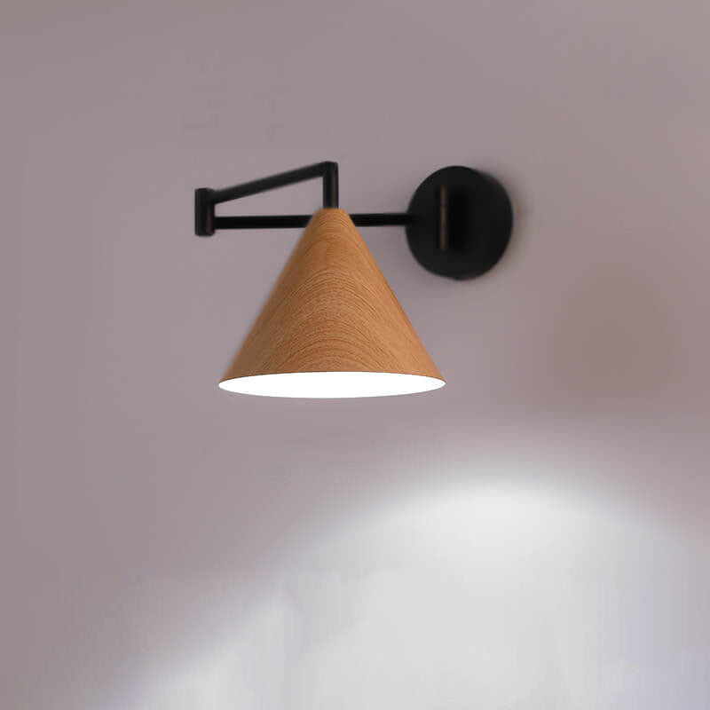 Nordic Minimalist Cone Swing Arm Wall Sconce Lamp - Wood Grain Iron Finish, 1-Light