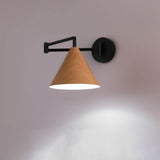 Nordic Minimalist Cone Swing Arm Wall Sconce Lamp - Wood Grain Iron Finish, 1-Light