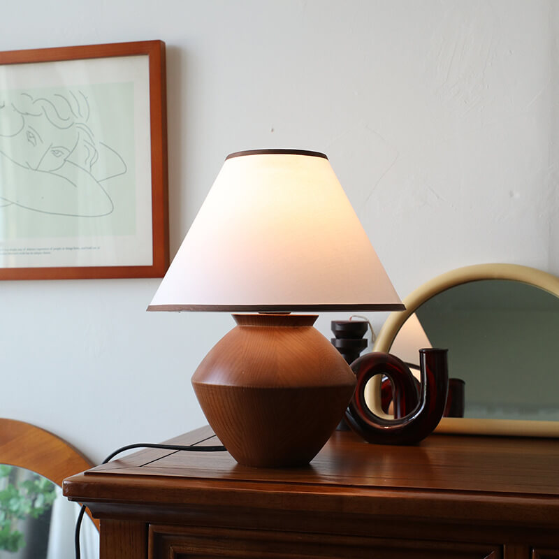 Japanese Wabi-Sabi Vintage Solid Wood Table Lamp with Fabric Shade, 1-Light