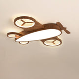 Whimsical Cartoon Aircraft LED Kids' Ceiling Light with Wood Grain Finish — Flush Mount