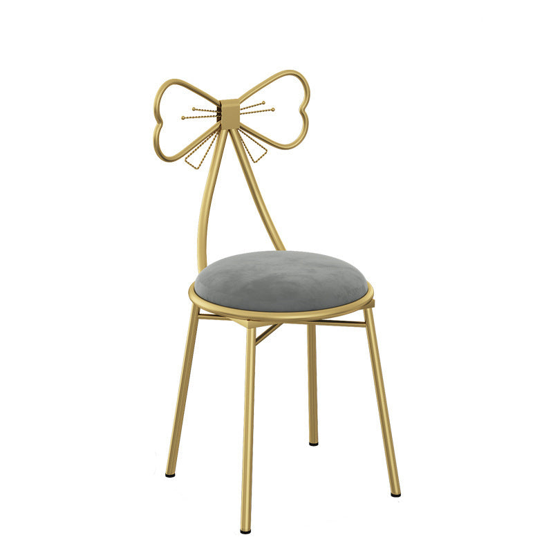 Contemporary Bow-Shape Velvet Upholstered Round Vanity Stool with Backrest - PU Leather & Metal Frame for Bedroom