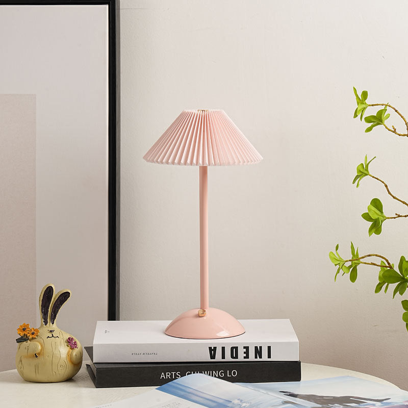 Modern Scandinavian Rechargeable Table Lamp – Iron Frame, Pleated Conical Fabric Shade, 1-Light, Perfect for Bedside