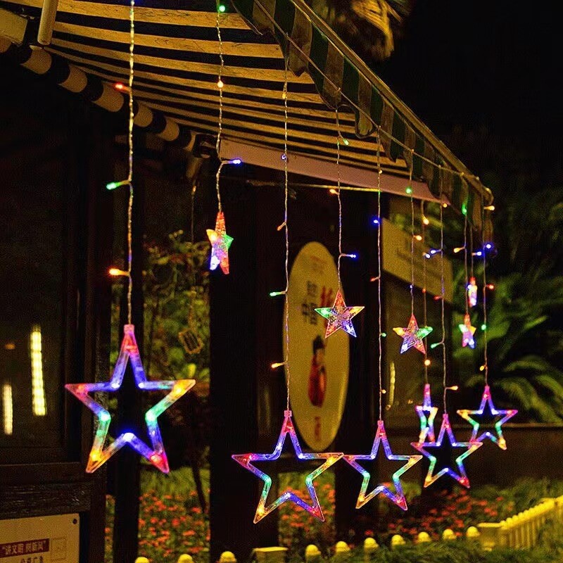 Solar-Powered LED Curtain Lights – Star & Moon Design, Outdoor Christmas String Lights for Patio, Garden and Camping